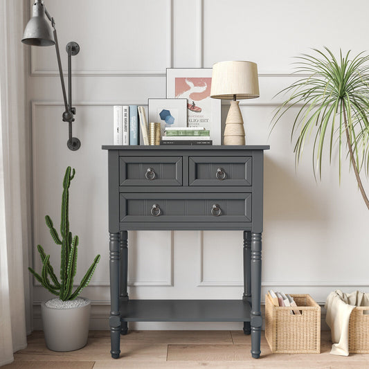 Narrow Console Table with 3 Storage Drawers and Open Bottom Shelf, Dark Gray Console Tables Dark Gray at Gallery Canada