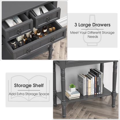 Narrow Console Table with 3 Storage Drawers and Open Bottom Shelf, Dark Gray