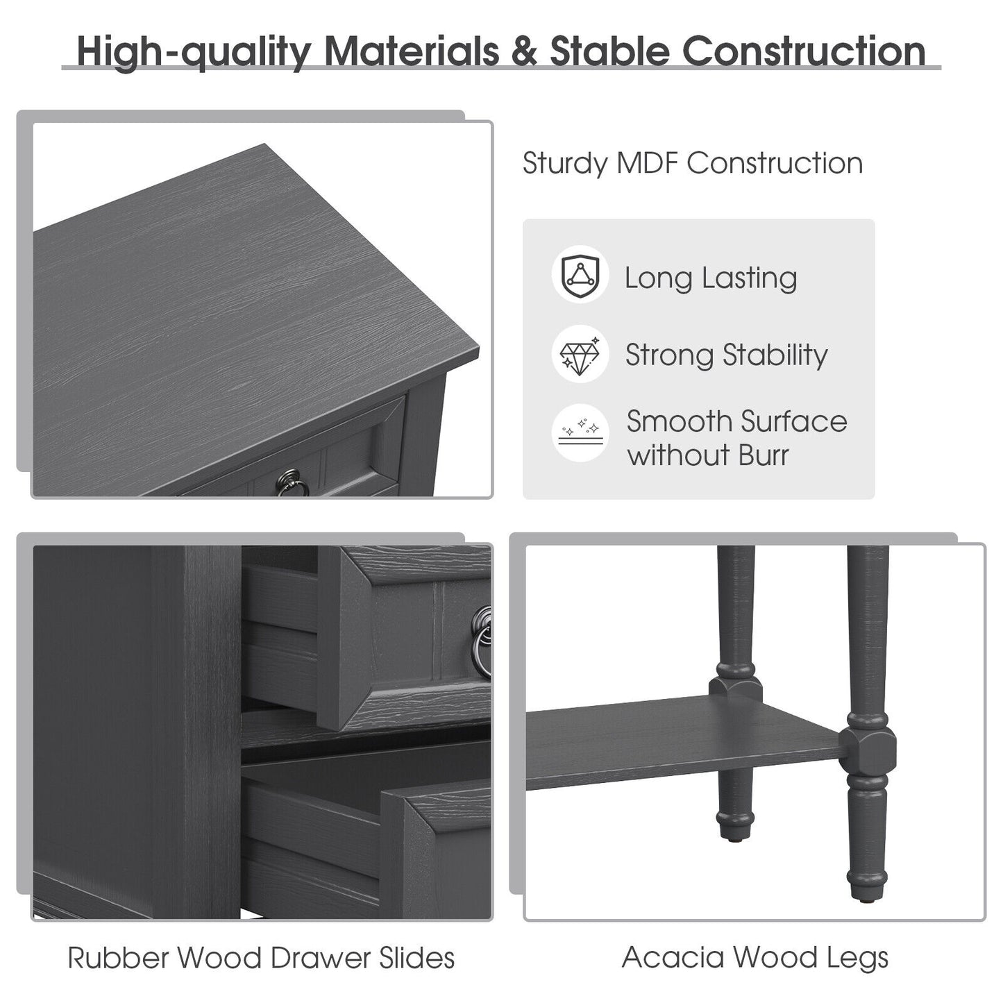 Narrow Console Table, 3 Storage Drawers, Open Bottom Shelf, Dark Gray Console Tables at Gallery Canada