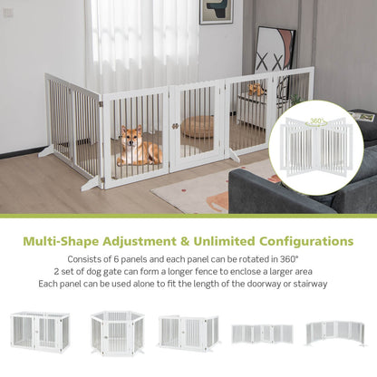 Freestanding 6-Panel Dog Gate with 4 Support Feet for Stairs, White