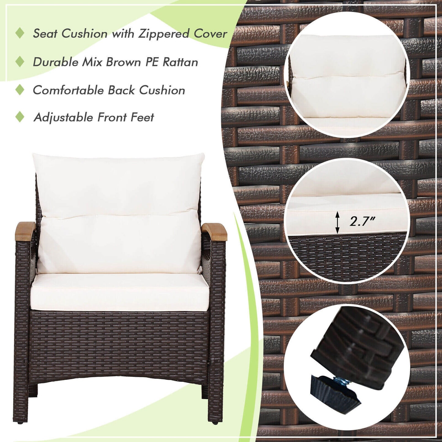 3 Pieces Patio Rattan Furniture Set with Removable Cushion, Off White Patio Conversation Sets at Gallery Canada