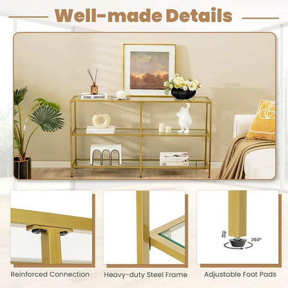 3-Tier 12D x 29W Inch Console Table with Tempered Glass Shelf-51.5 inches, Golden