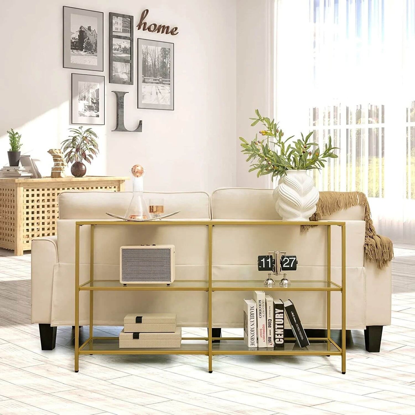 3-Tier 12D x 29W Inch Console Table with Tempered Glass Shelf-51.5 inches, Golden