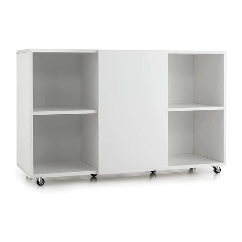 Wood Storage Cabinet with Wheels and 6 Compartments, White