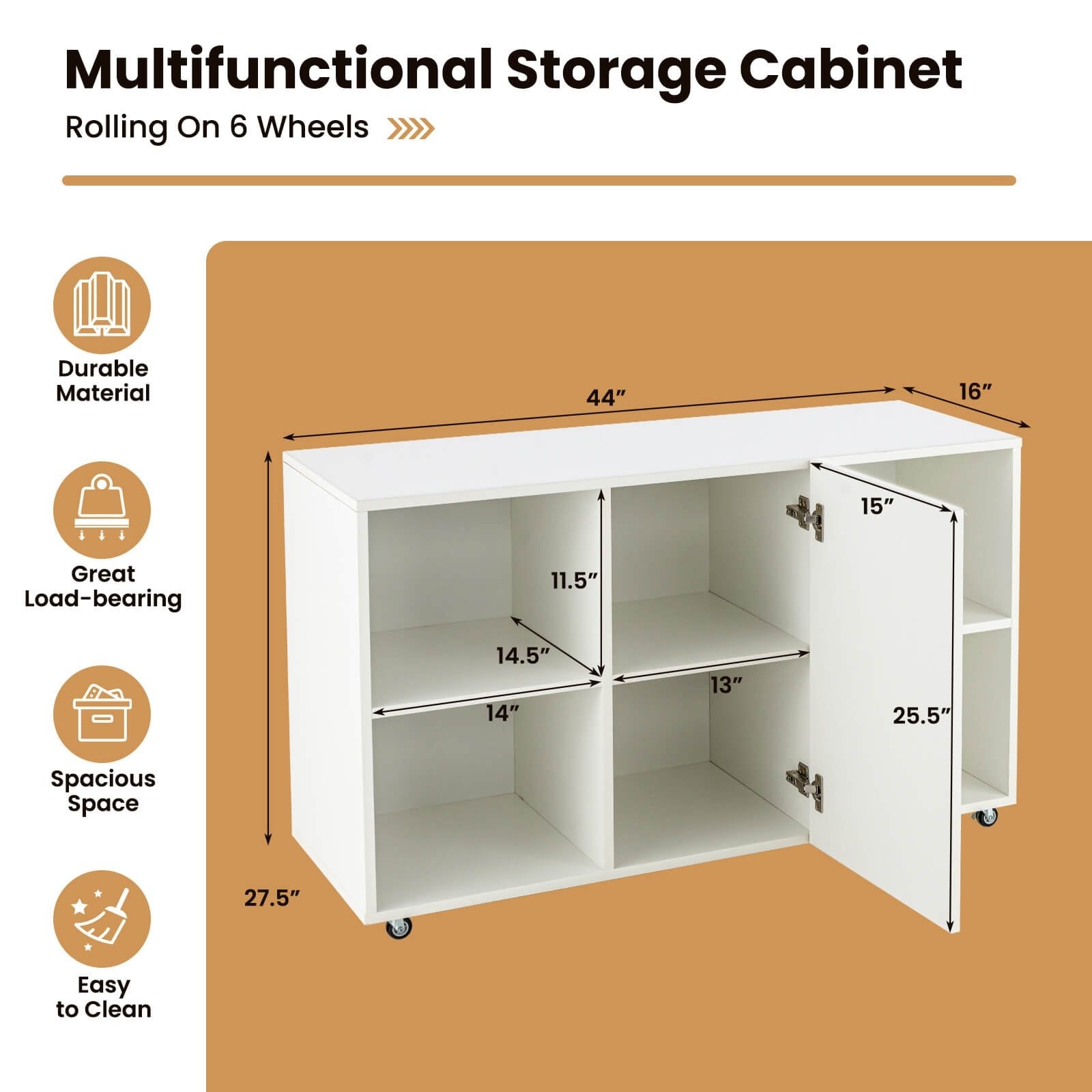 Wood Storage Cabinet with Wheels and 6 Compartments, White at Gallery Canada