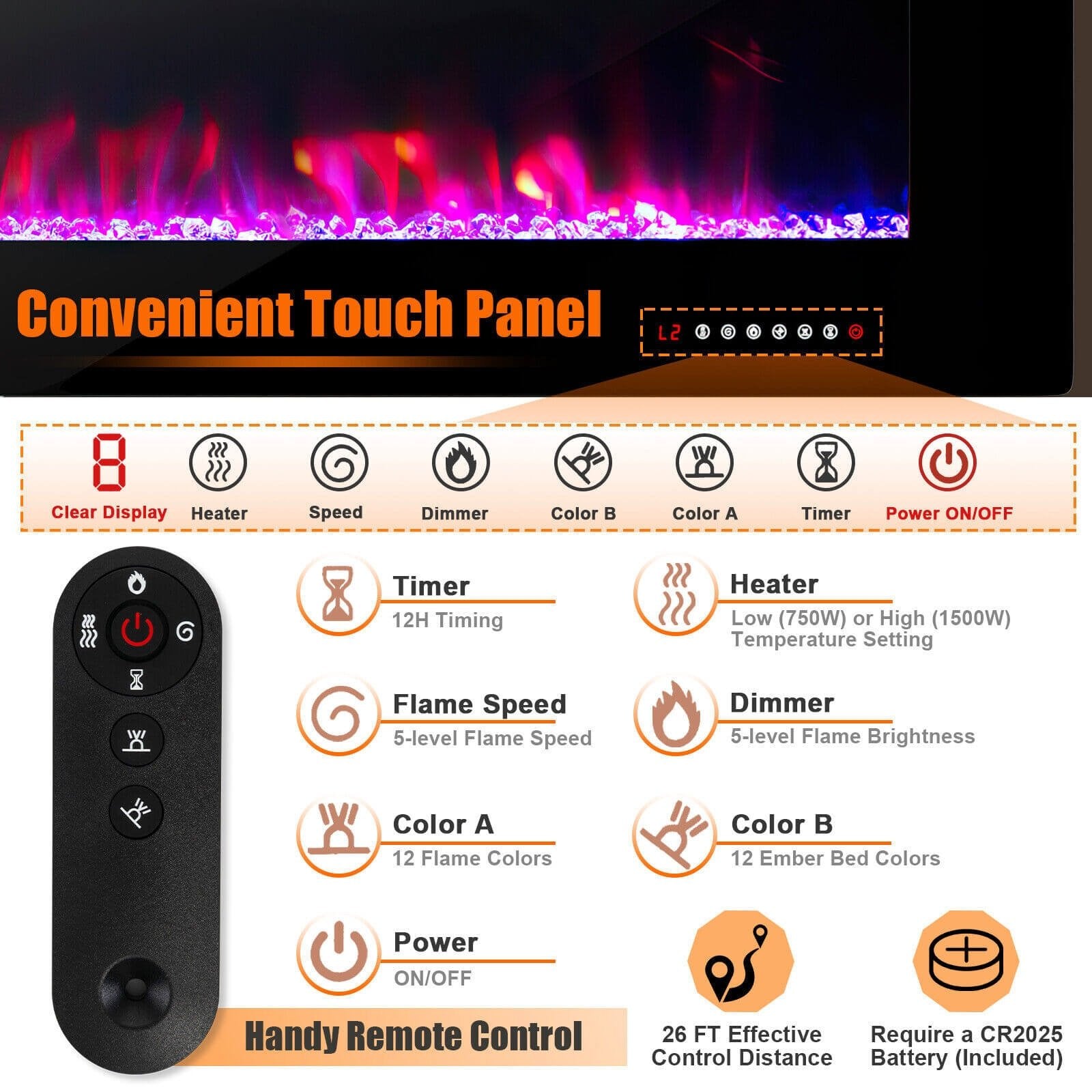 42/50/60/72 Inch Ultra-Thin Electric Fireplace with Decorative Crystals-60 inches, Black at Gallery Canada