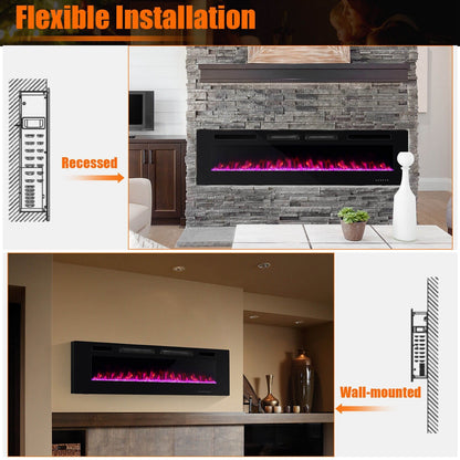 42/50/60/72 Inch Ultra-Thin Electric Fireplace with Decorative Crystals-72 inches, Black