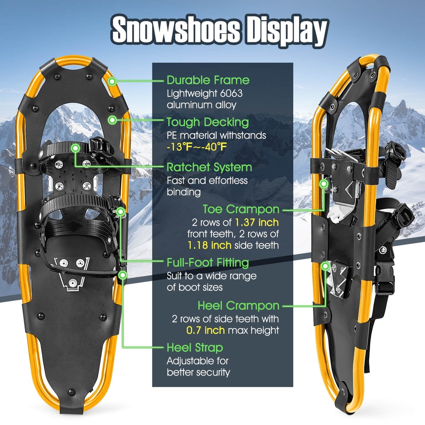 4-in-1 Lightweight Terrain Snowshoes with Flexible Pivot System-25 inches, Golden