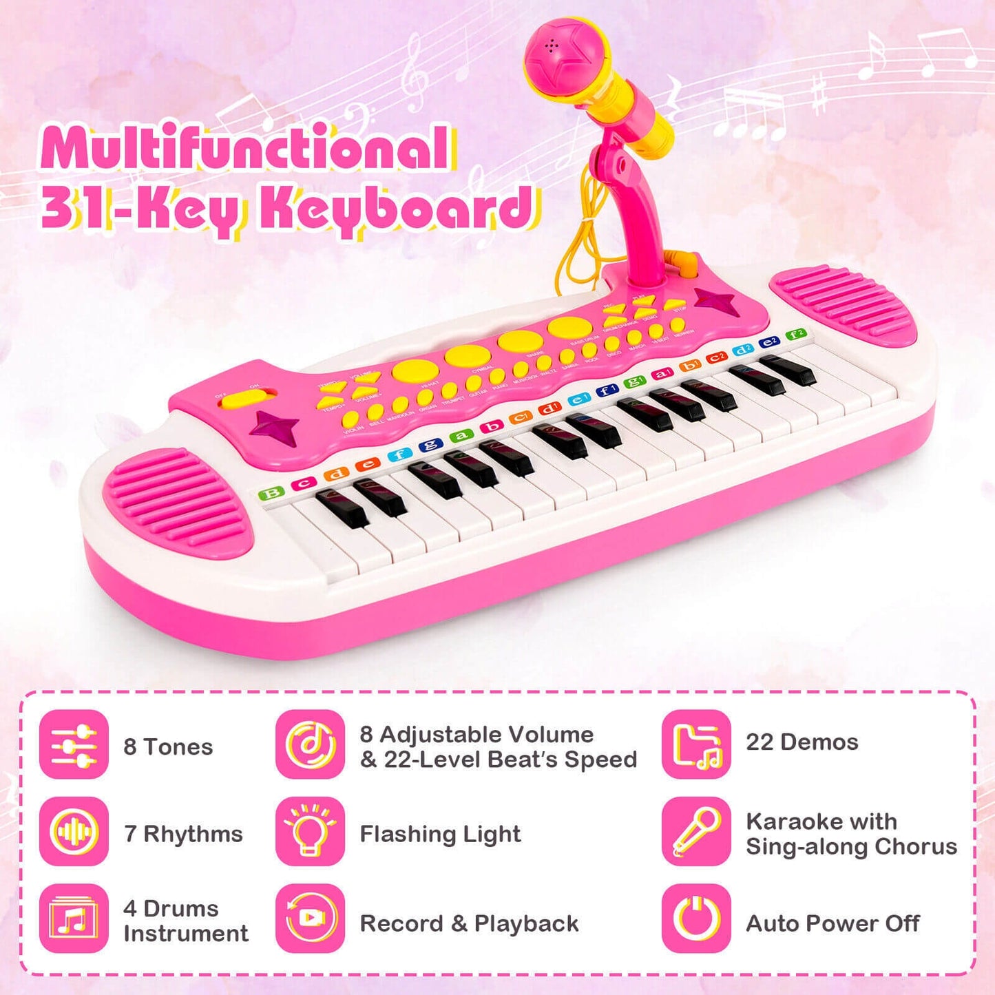 31-Key Kids Piano Keyboard Toy with Microphone and Multiple Sounds for Age 3+, Pink Musical Toys at Gallery Canada