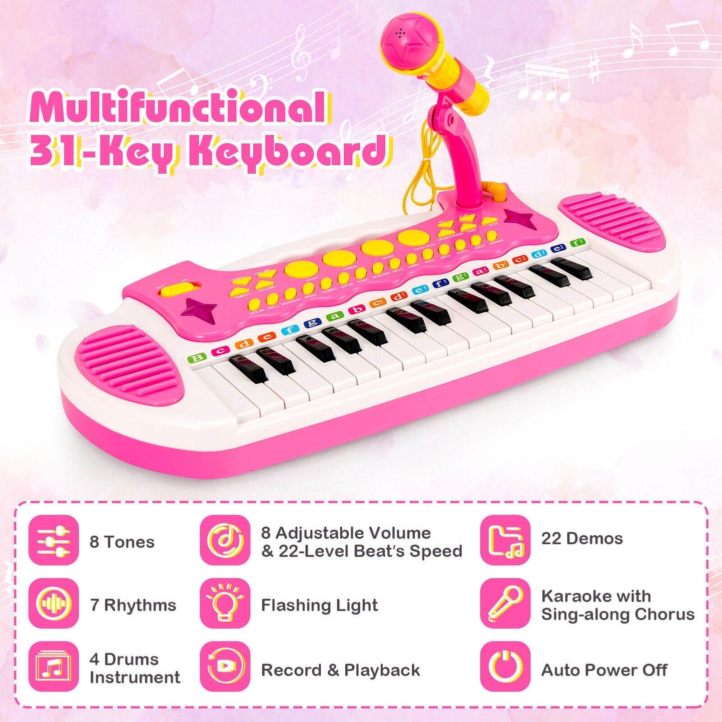 31-Key Kids Piano Keyboard Toy with Microphone and Multiple Sounds for Age 3+, Pink at Gallery Canada