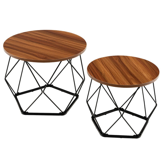 Set of 2 Modern Round Coffee Table with Pentagonal Steel Base, Rustic Brown