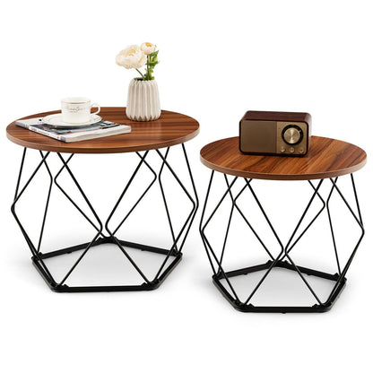 Set of 2 Modern Round Coffee Table with Pentagonal Steel Base, Rustic Brown at Gallery Canada