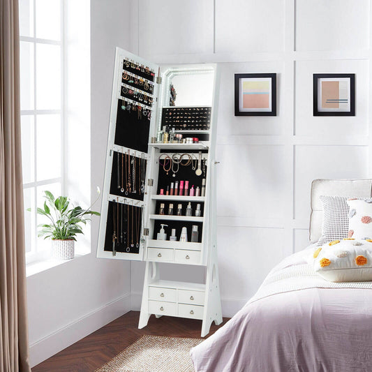 Freestanding Full Length LED Mirrored Jewelry Armoire with 6 Drawers, White Jewelry Armoires White at Gallery Canada