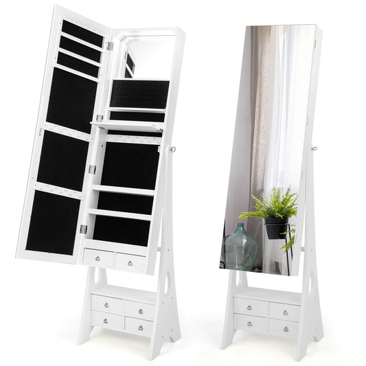 Freestanding Full Length LED Mirrored Jewelry Armoire with 6 Drawers, White