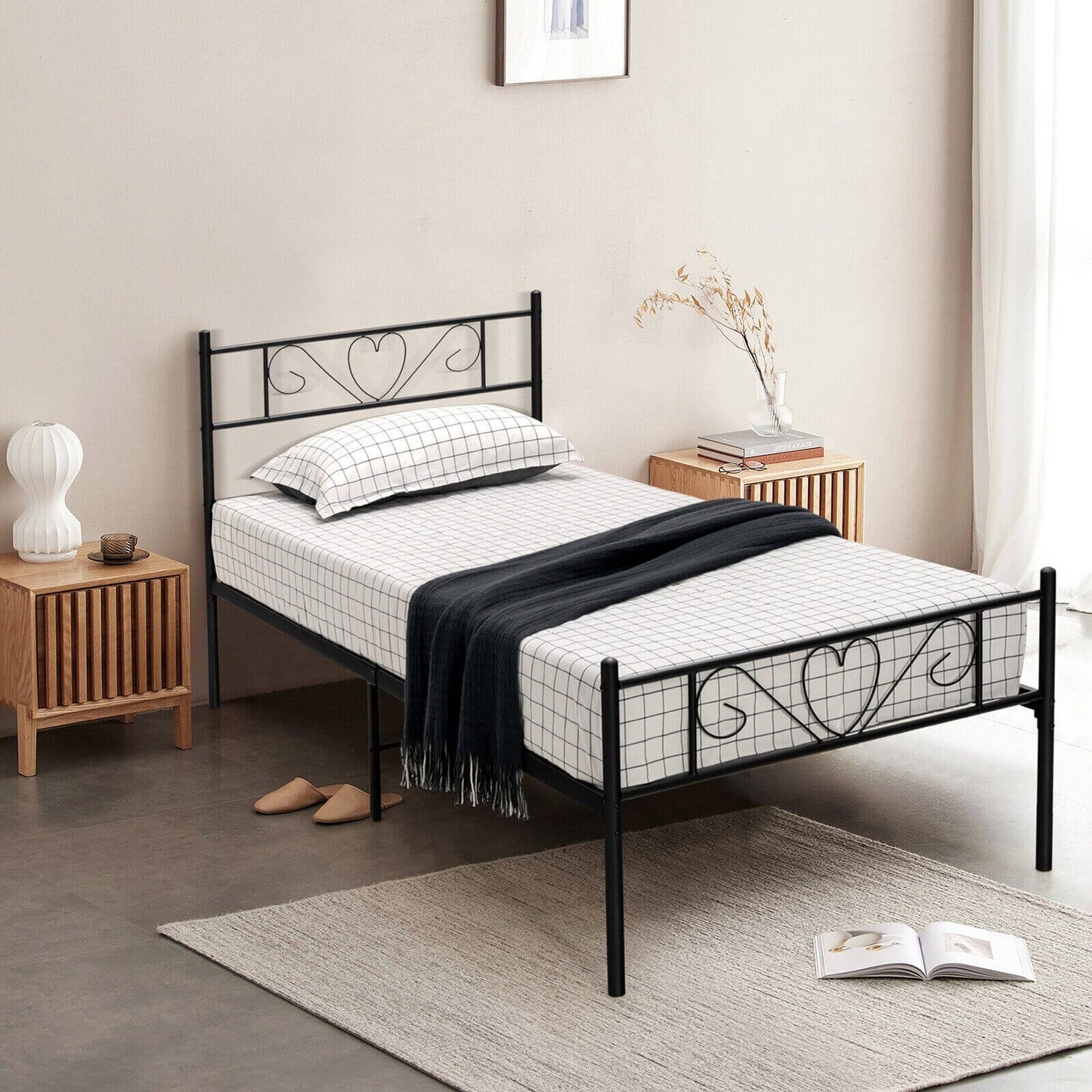 Twin XL Metal Bed Frame with Heart-shaped Headboard, Black