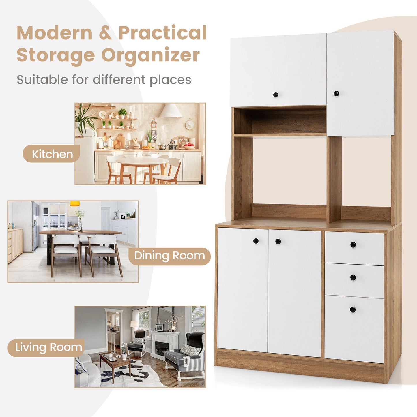 71 Pouces Armoire de Cuisine, 3 Armoires de Rangement, 3 Tiroirs Profonds, Blanc