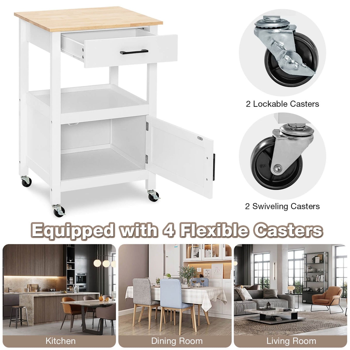 Kitchen Island with Storage Drawer and 3 Hooks, White at Gallery Canada