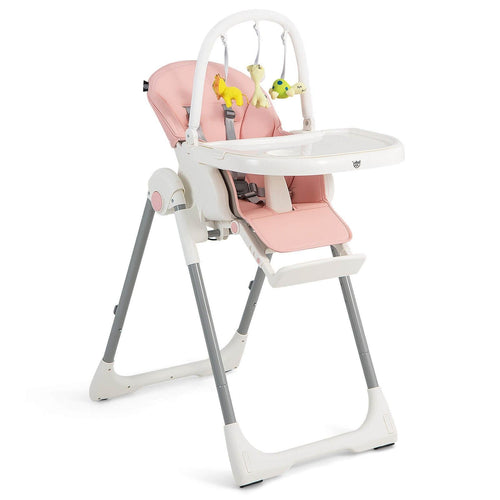 4-in-1 Foldable Baby High Chair with 7 Adjustable Heights and Free Toys Bar, Pink