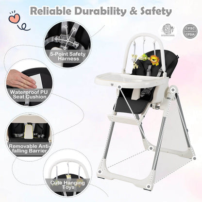 4-in-1 Foldable Baby High Chair with 7 Adjustable Heights and Free Toys Bar, Black