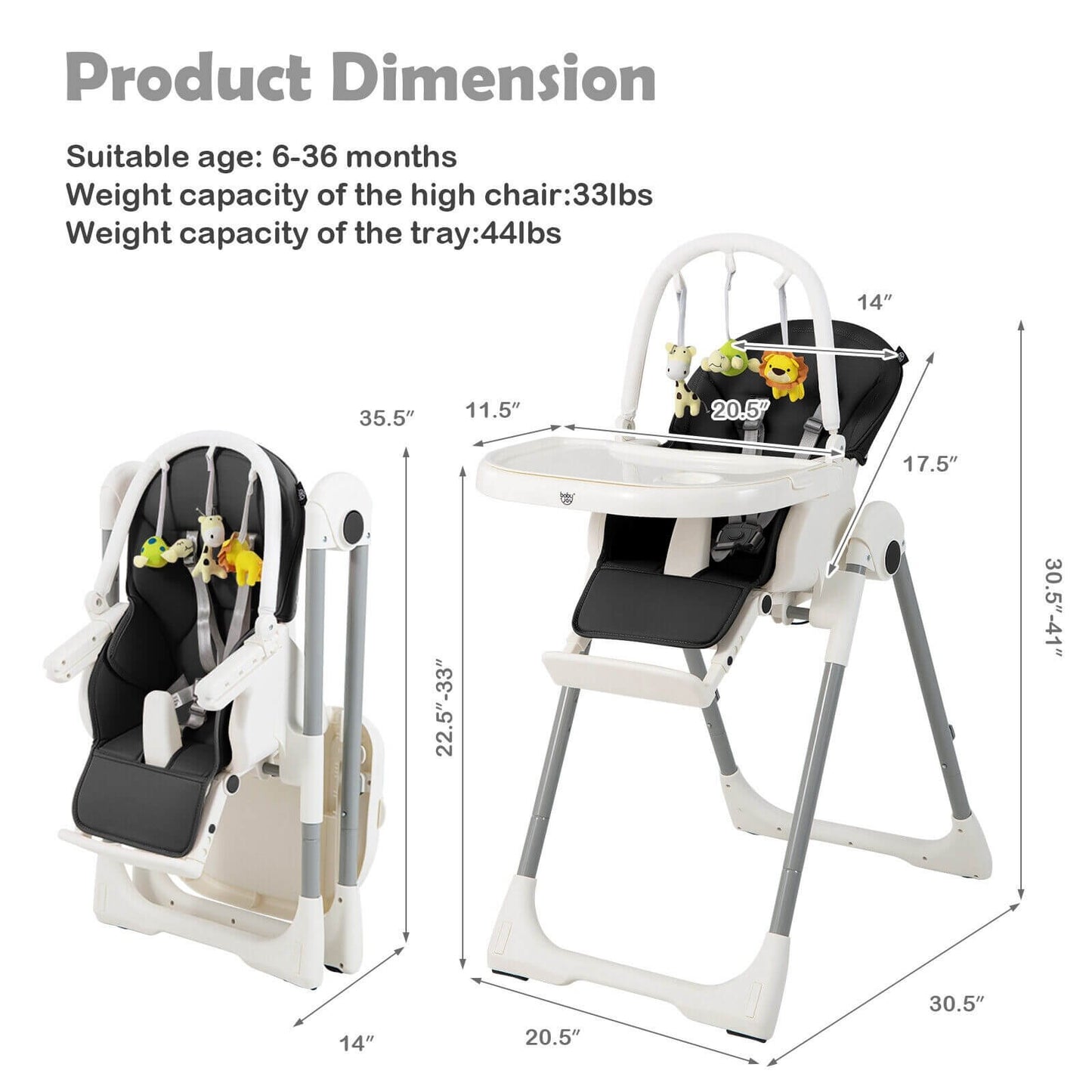 4-in-1 Foldable Baby High Chair with 7 Adjustable Heights and Free Toys Bar, Black