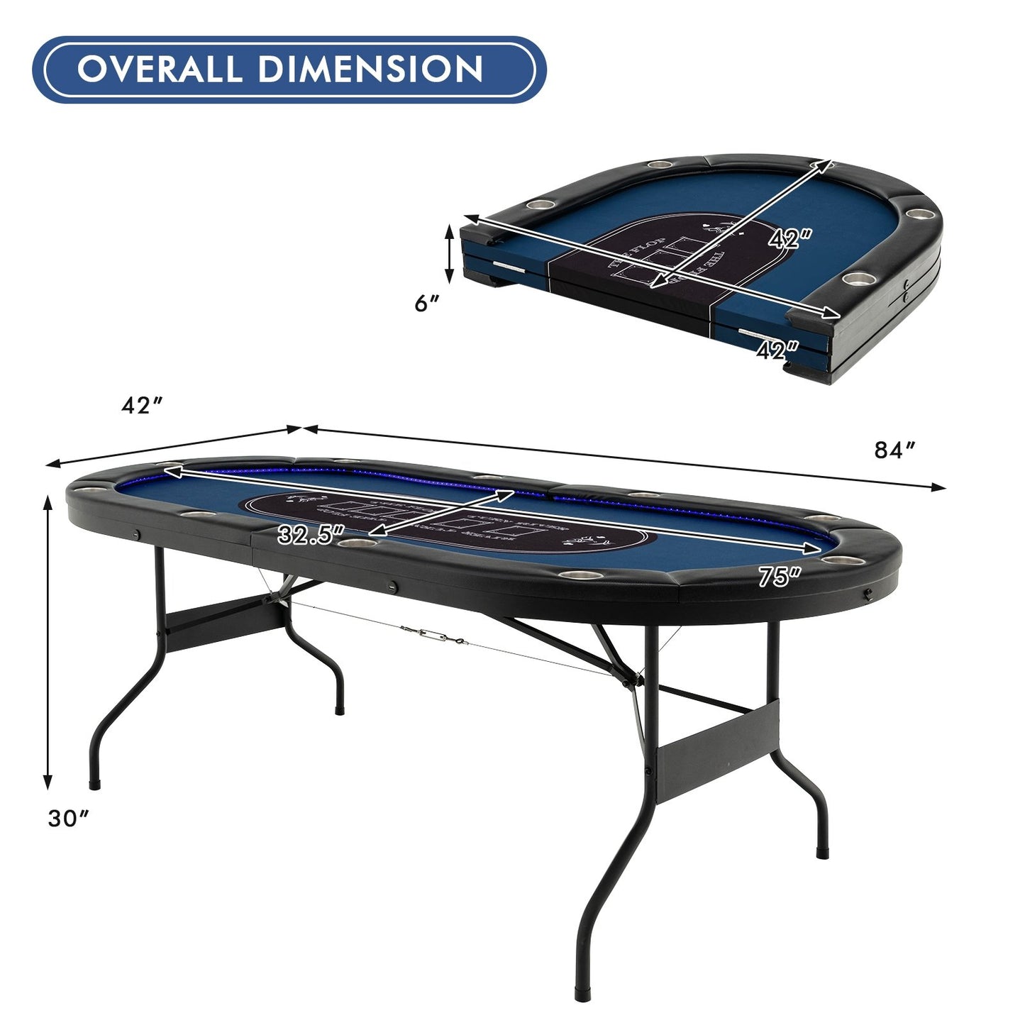 Foldable 10-Player Poker Table with LED Lights and USB Ports Ideal for Texas Casino, Blue at Gallery Canada