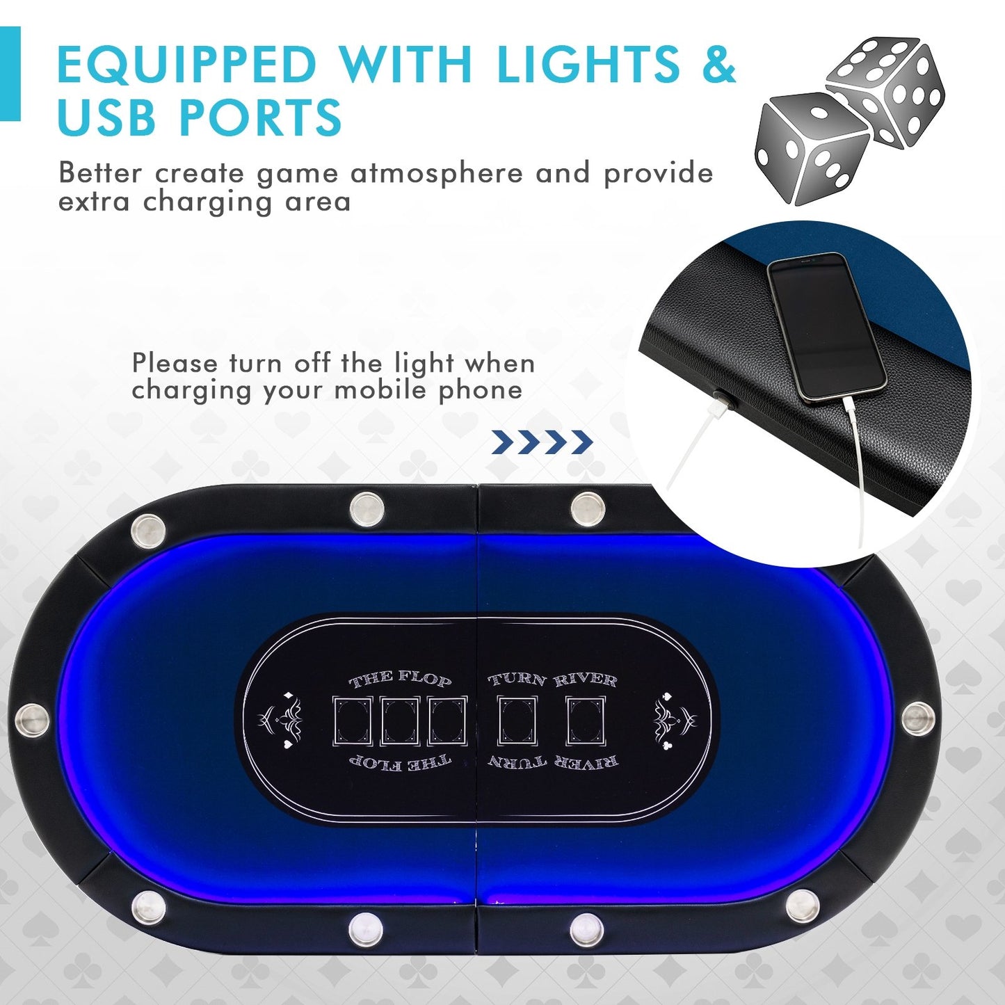 Foldable 10-Player Poker Table with LED Lights and USB Ports Ideal for Texas Casino, Blue