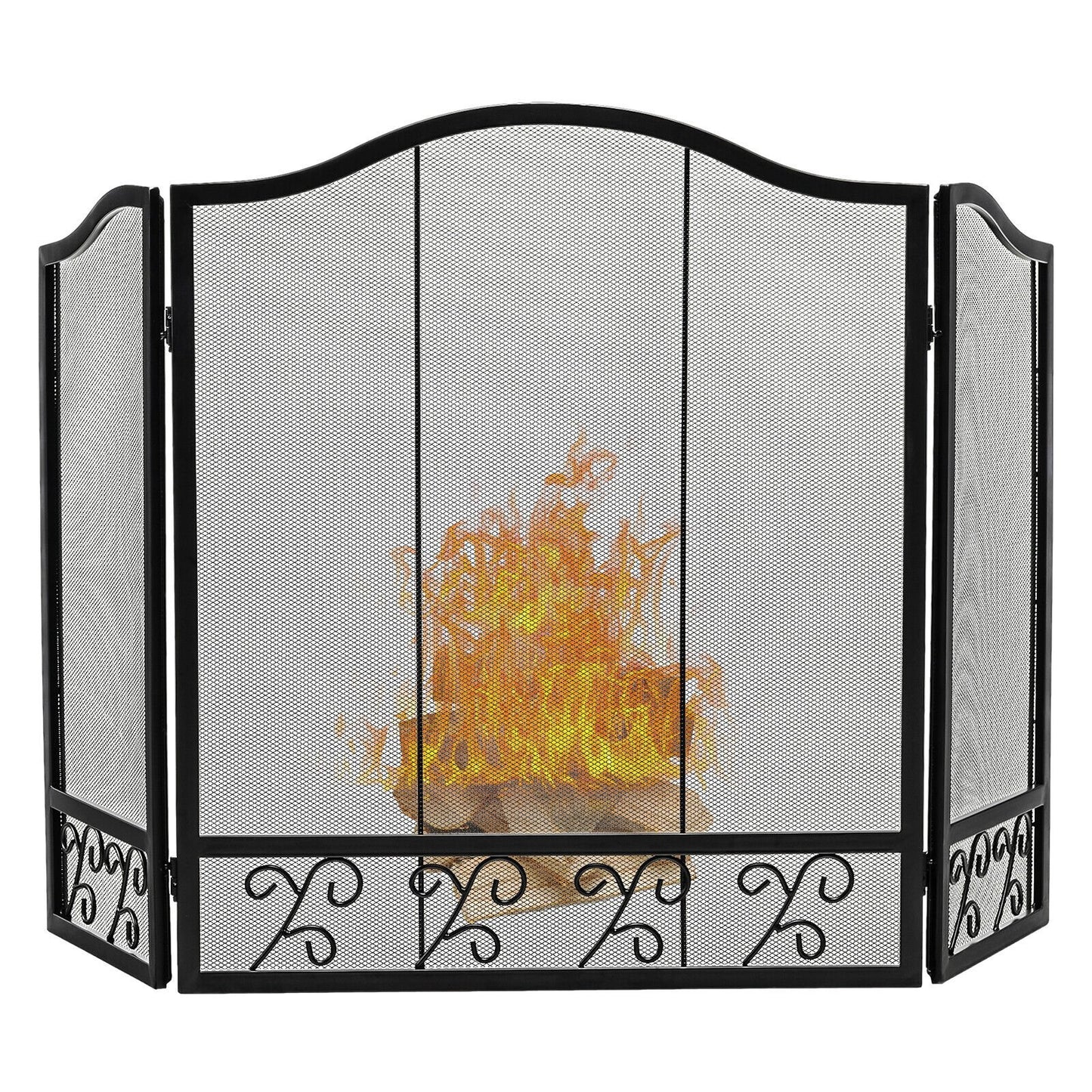 3-Panel Fireplace Screen Decorative Spark Guard, Black