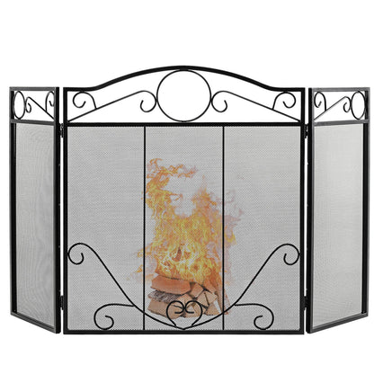 3-Panel Freestanding Fireplace Screen Folded Fire Doors, Black