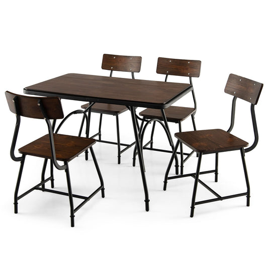 5 Piece Rectangular Dining Table Set with Metal Frame, Brown