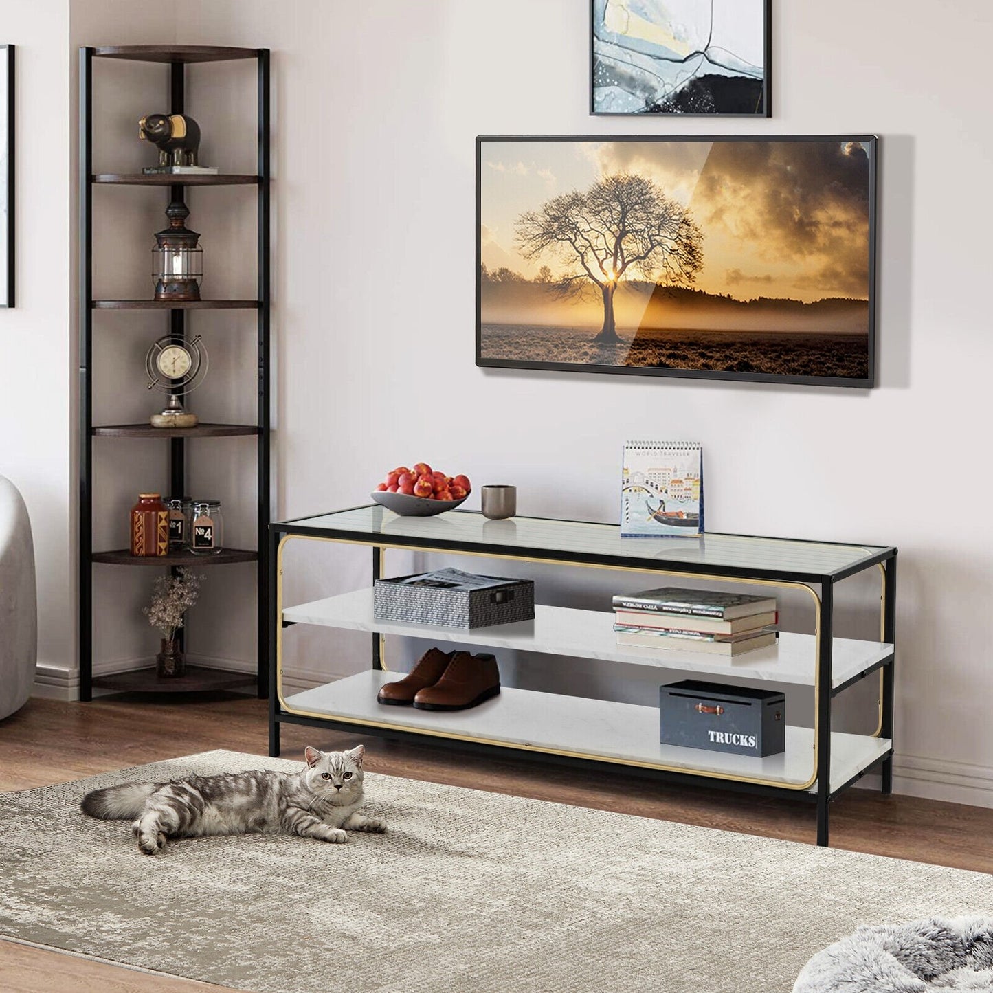 3-Tier TV Stand for TVs up to 50 Inch with Tempered Glass Top, White at Gallery Canada