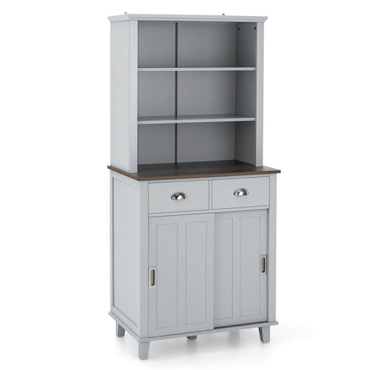 67 inches Freestanding Kitchen Pantry Cabinet with Sliding Doors, Gray