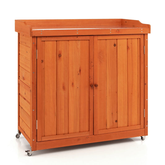 Outdoor Storage Cabinet with Removable Shelf and 4 Universal Wheels, Natural