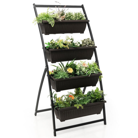 4-Tier Vertical Raised Garden Bed with 4 Containers and Drainage Holes-M, Black