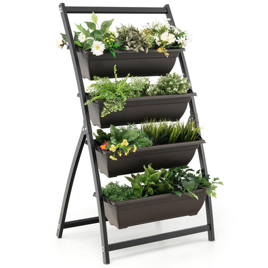 4-Tier Vertical Raised Garden Bed with 4 Containers and Drainage Holes-S, Black