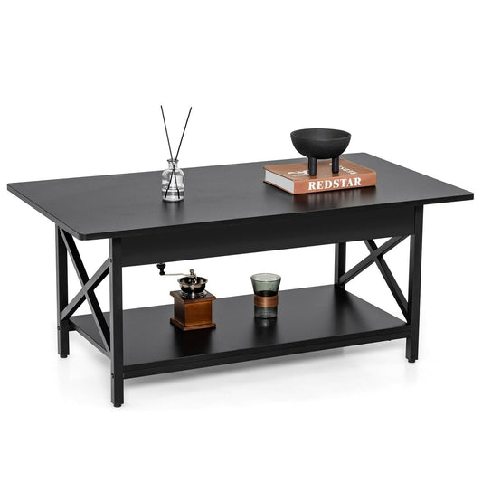 2-Tier Industrial Rectangular Coffee Table with Storage Shelf, Black