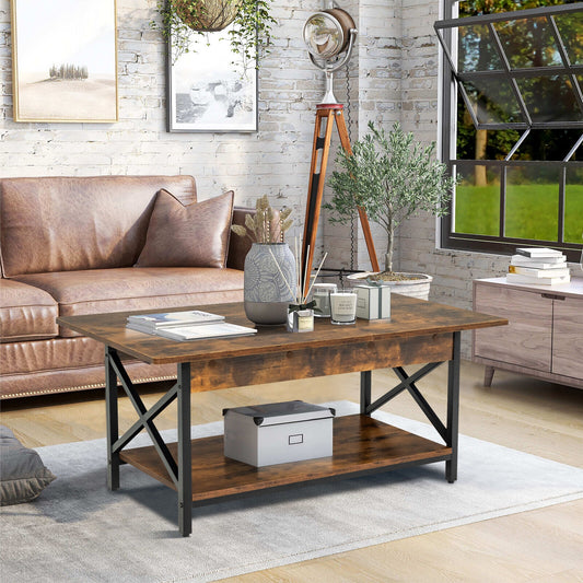 2-Tier Industrial Coffee Table With Storage Shelf, Rustic Brown
