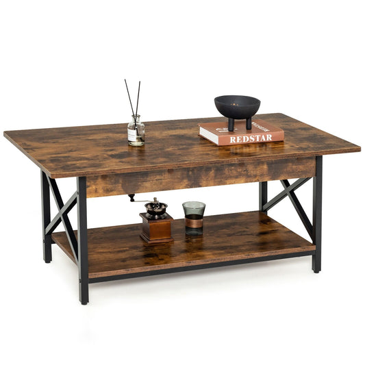 2-Tier Industrial Rectangular Coffee Table with Storage Shelf, Rustic Brown