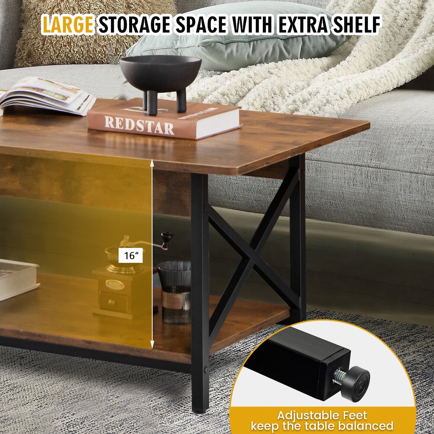 2-Tier Industrial Rectangular Coffee Table with Storage Shelf, Rustic Brown Coffee Tables at Gallery Canada