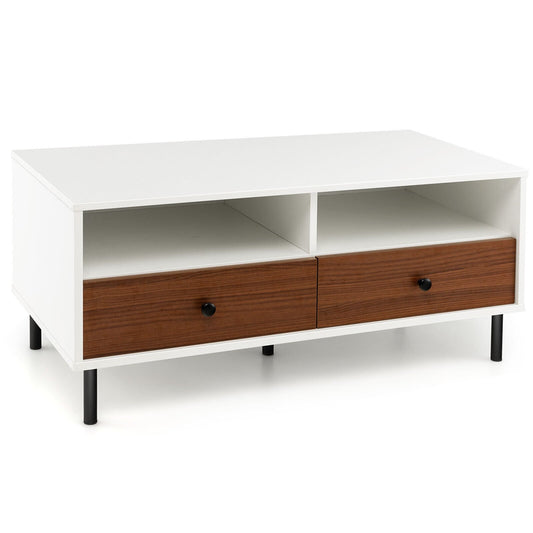 2 Tier 40 Inch Length Modern Rectangle Coffee Table with Storage Shelf and Drawers, White