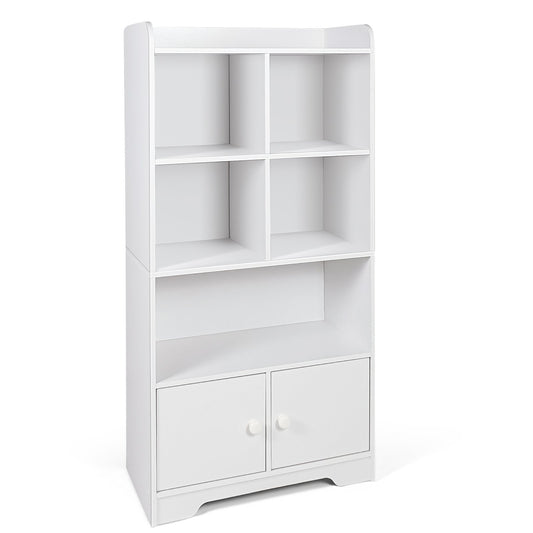 4 Tiers Bookshelf with 4 Cubes Display Shelf and 2 Doors, White