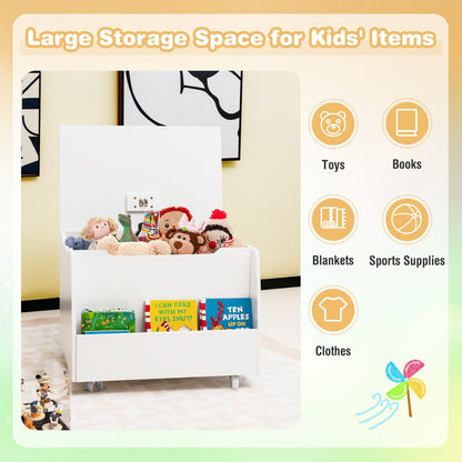 Wooden Mobile Toy Storage Organizer with Bookshelf and Lockable Wheels, White