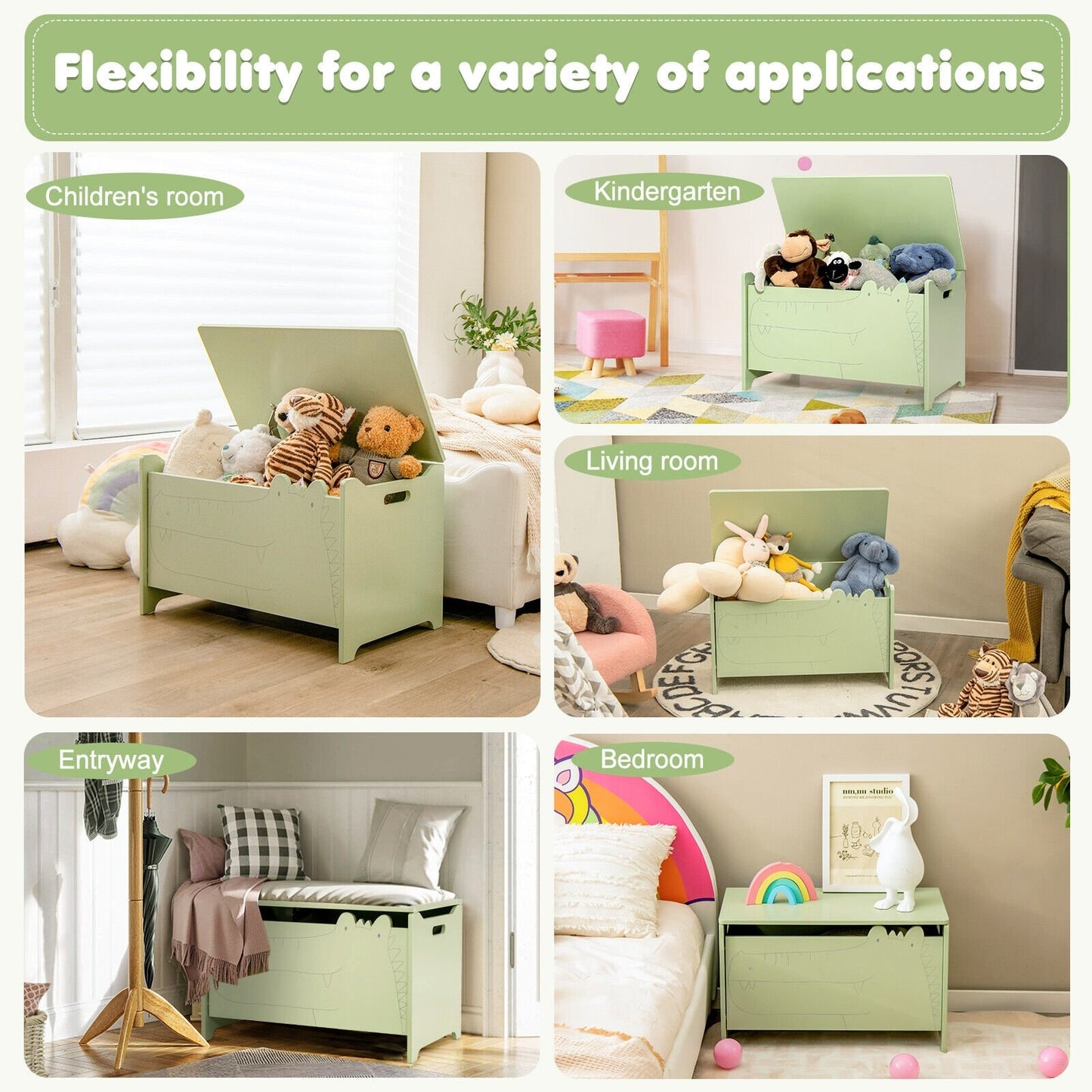 Wooden Kids Toy Box with Safety Hinge, Green
