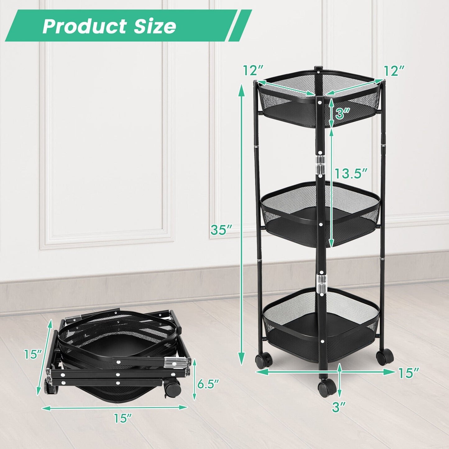 3-Tier Rotating 1-Second folding Storage Rack Metal-Square, Black at Gallery Canada