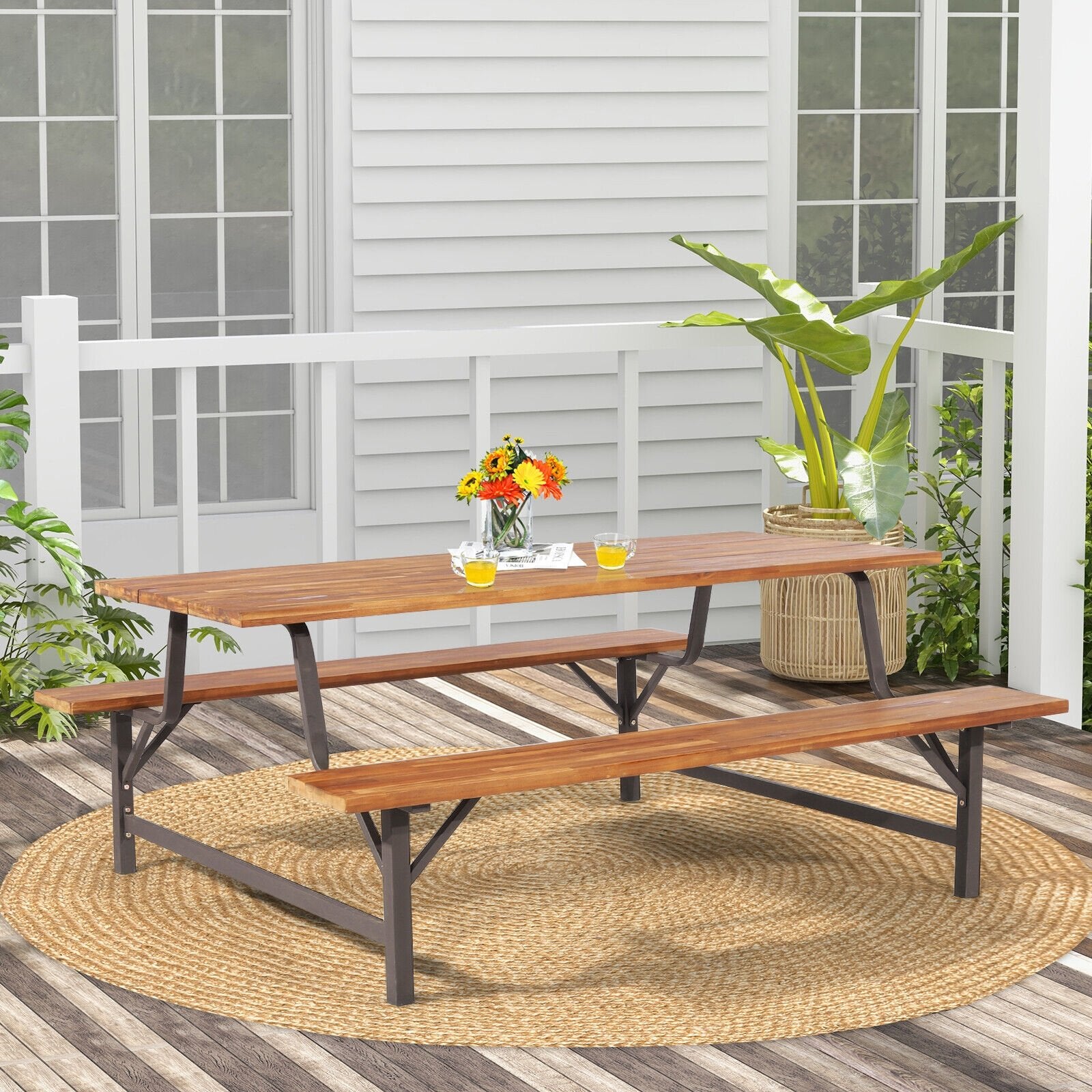6-Person Outdoor Picnic Table and Bench Set with 2 Inch Umbrella Hole, Natural at Gallery Canada