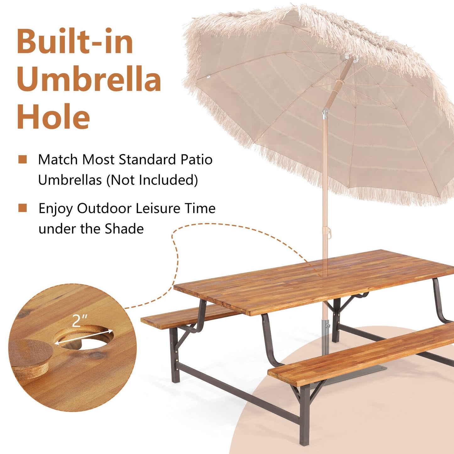 6-Person Picnic Table Bench Set, 2 Inch Umbrella Hole, Natural Picnic Tables at Gallery Canada