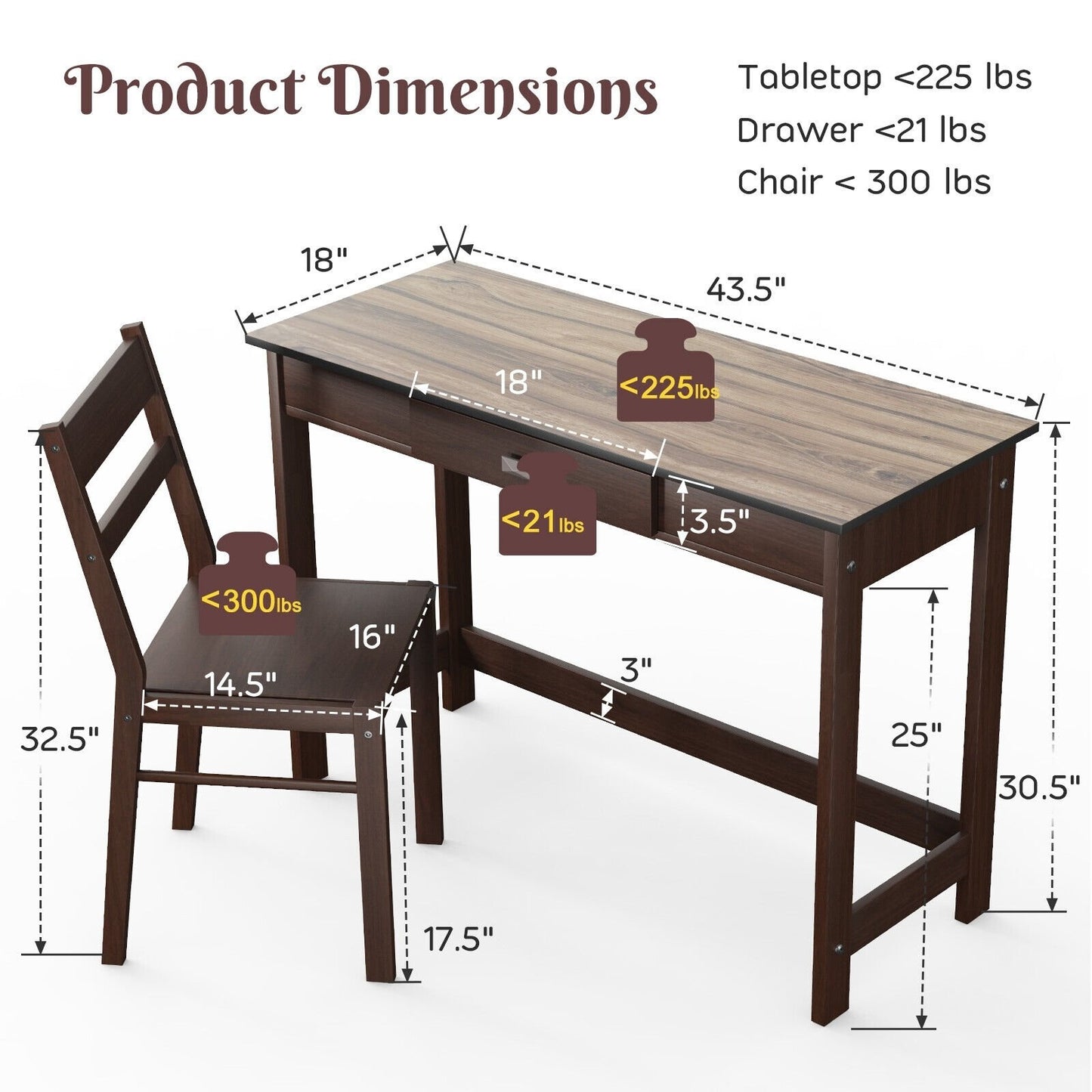 Kids Desk and Chair Set with Drawer, Brown