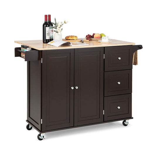 Kitchen Island Trolley Cart Wood with Drop-Leaf Tabletop and Storage Cabinet, Brown