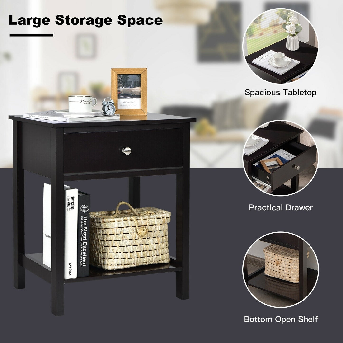 Wooden Storage Shelf With Drawer, Black Nightstands at Gallery Canada