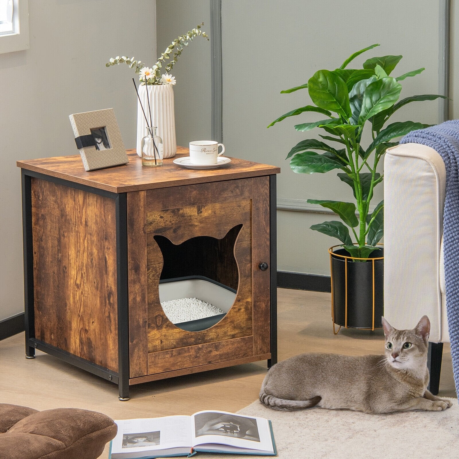 Cat Litter Box Enclosure with Door and Ventilated Hole, Brown at Gallery Canada