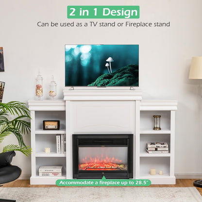 70 Inch Modern Fireplace Media Entertainment Center with Bookcase, White